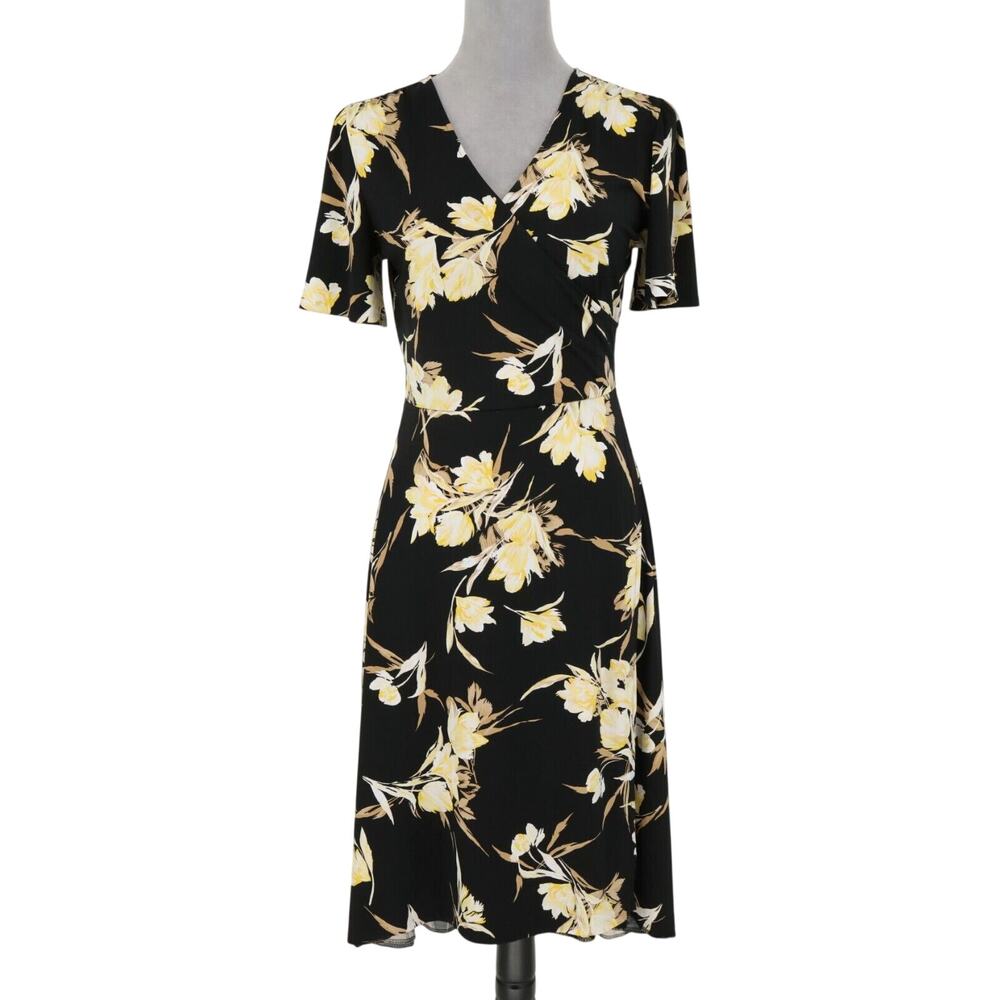 WHBM Dress Womens 4 Black Yellow Floral Stretch Knit Faux Wrap Fit n Flare